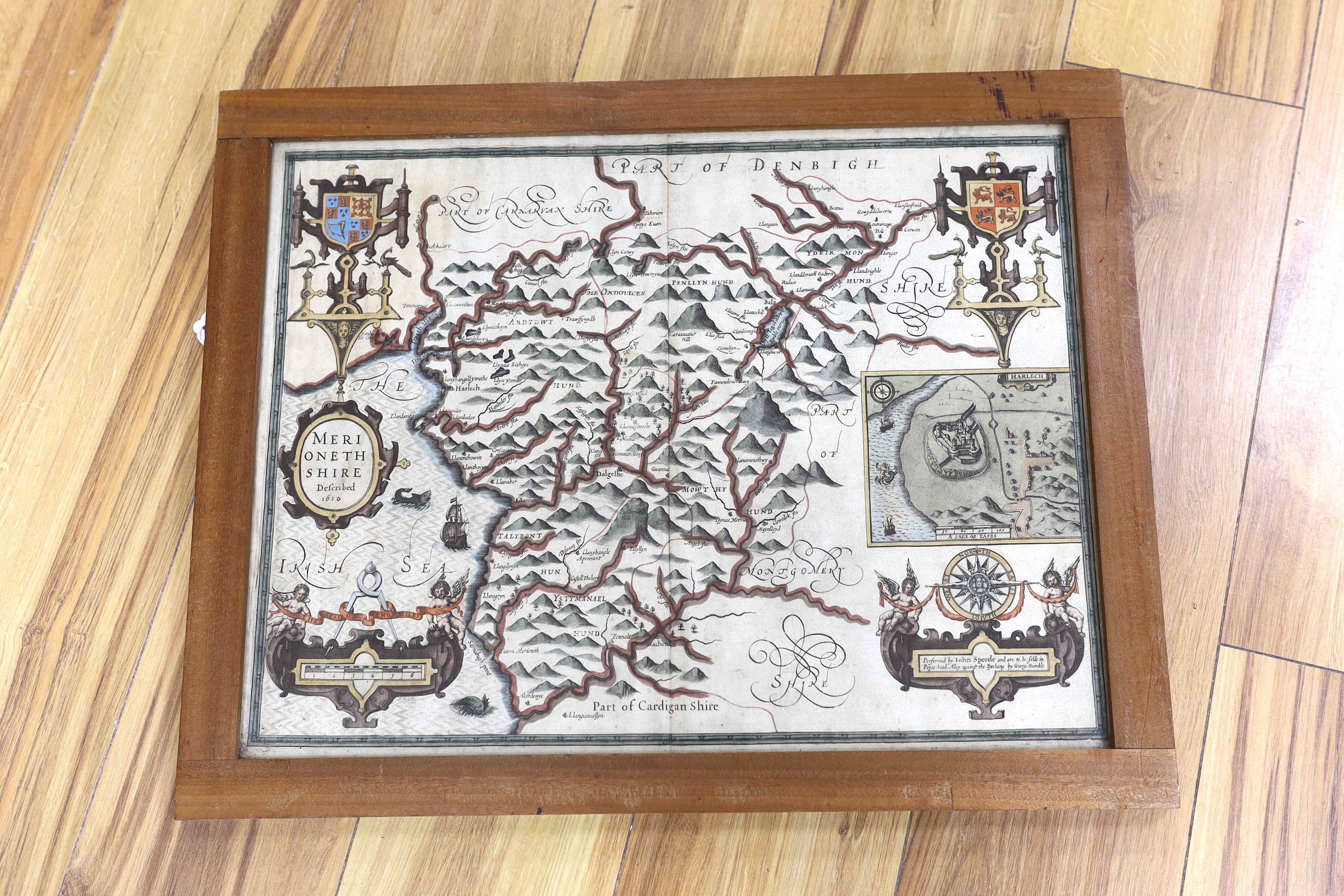 John Speed (1552-1629), hand coloured map of Merionethshire, sold by George Humble, text verso, 39 x 51cm